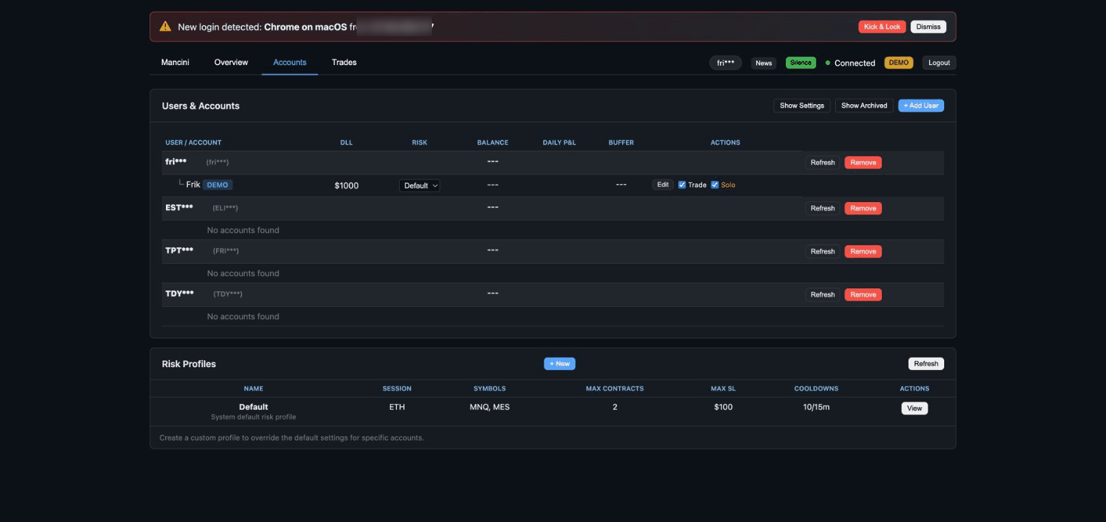 TradingPlace Accounts Tab - Managing connections and accounts