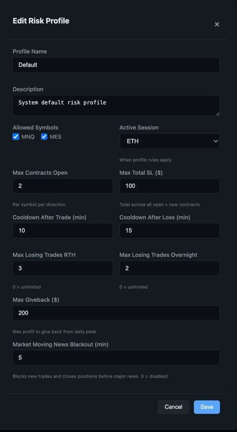 Risk Profile Settings