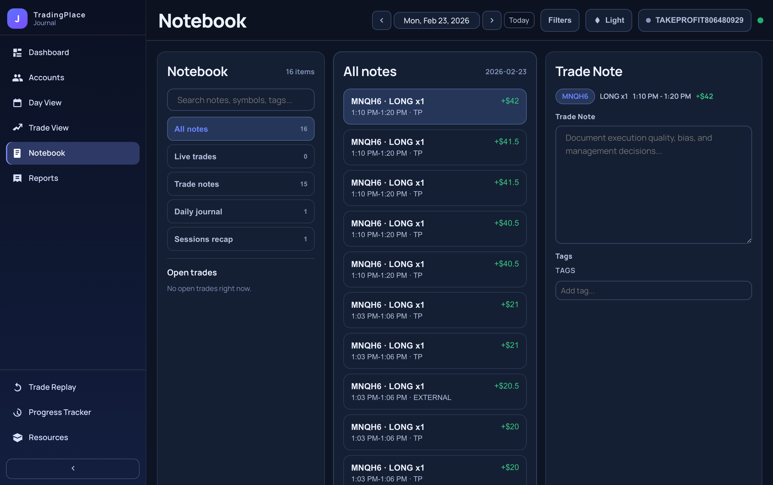 Trade annotation notebook with notes, emotion tags, and setup fields