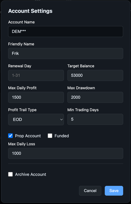 Account settings dialog